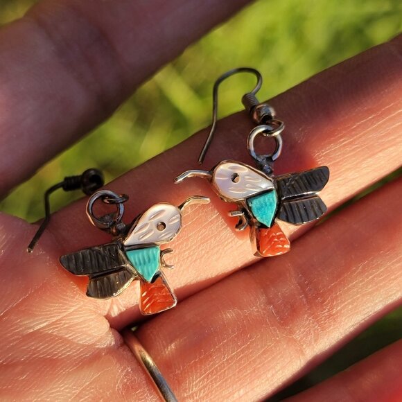 Native American Zuni handmade handcarved gemstone inlay 925 sterling hummingbird - Picture 10 of 13